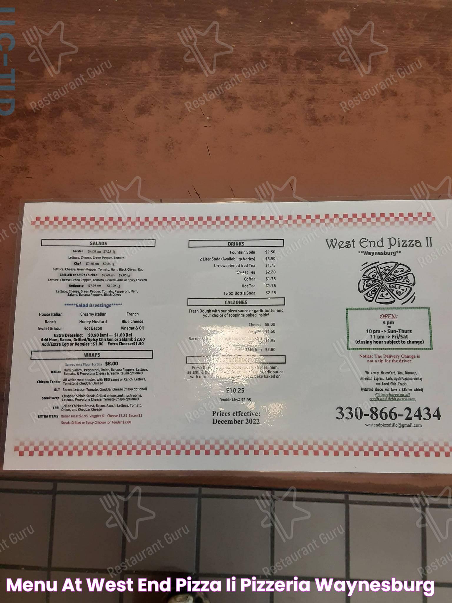 Menu at West End Pizza II pizzeria, Waynesburg